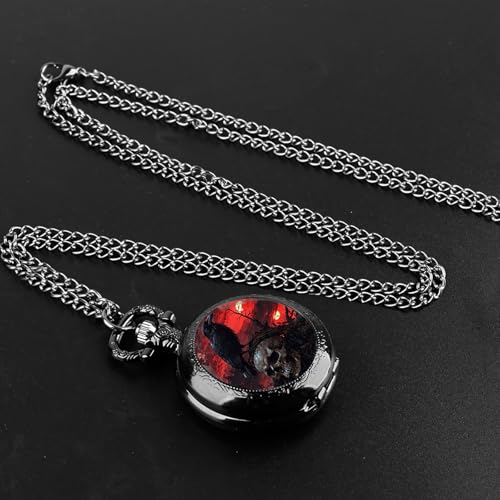YIHAOYH Vintage Pocket Watch for Women Men Graphic Design Quartz Pocket Watches with Chain Pendant Christmas Birthday Gift with Box (Skull Crow 02)