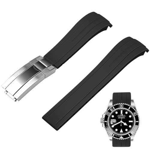 Juntan 22mm Curved End Rubber Watch Band, Tapered Silicone Curved Replacement Watch Strap Black for Men Women with Classic Diving Buckle