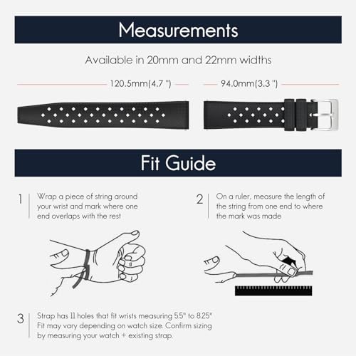 TACTICAL FROG FKM Rubber Watch Strap Fast-Release Tropical Fluororubber 20mm Rubber Watch Band, Soft Breathable Universal Replacement for Men Women Stainless Steel Buckle