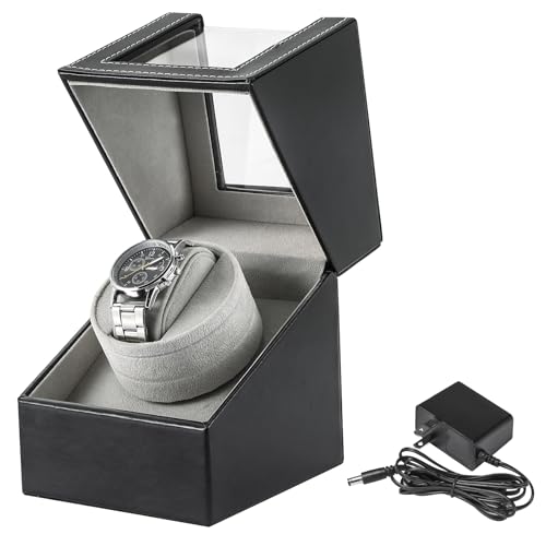 FLKQC Single Watch Winder for Automatic Watches | Black Leather Watch Display Case Storage Box | Fits Lady and Man Automatic Watch, AC Adapter or Battery Powered Watch Storage Box