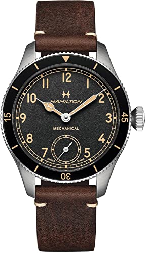 Hamilton Khaki Aviation Pilot Mechanical Men's Watch, 43mm Stainless Steel Case, Swiss Made, Black Dial Analog Wrist Watch for Men, 100m Waterproof, Sapphire Crystal, Calf Leather Strap