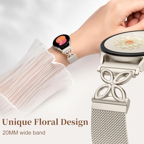 Getino Magnetic Metal Strap Compatible with Galaxy Watch 7 Band, Galaxy Watch 6 Classic Band FE 5 Pro 4 Active 2, 20mm Milanese Floral Dressy Wristband for Samsung Watch Bands Women 40mm 44mm 45mm