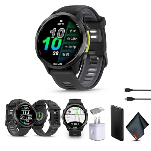 Garmin Forerunner 970 Running Smartwatch, GPS Fitness Smart Watch for Men and Women, Carbon Gray DLC Titanium with Black Case and Black/Translucent Whitestone Band Bundle with P-Bank + More