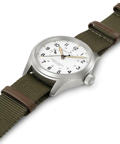 Hamilton Khaki Field Mechanical Mens Watch, 40mm Stainless Steel Case, Swiss Made, White Dial Analog Wrist Watch for Mens 100 Meters Water resitance, Sapphire Crystal, 3-Hand Movement, NATO Strap