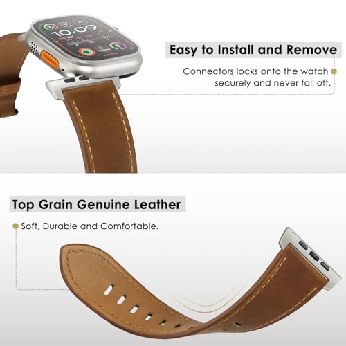 UUPWPOKT Leather Band Compatible with Apple Watch Ultra 3/2/1 Band 49mm 46mm 45mm 44mm 42mm Men, Genuine Leather Strap for iWatch Ultra Series 11 10 9 8 7 6 5 4 3 2 1 SE 3/2/1, Retro Brown/Titanium