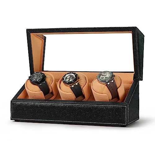 DRIKLUX Automatic Watch Winder for Rolex and Other Luxury Watches - Automatic Winder with Quiet Motor, Premium Black Ostrich Leather Exterior and Soft Flexible Watch Pillows of Camel Velvet
