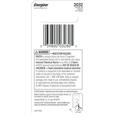 Energizer 2032 Batteries (2 Pack), 3V Lithium Coin Batteries With 3-in-1 Child Shield