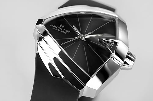 Hamilton Ventura Automatic Men's Watch, 34mm x 38mm Stainless Steel Case, Swiss Made, Black Dial Analog Wrist Watch for Men, 50m Waterproof, Sapphire Crystal, Rubber Strap