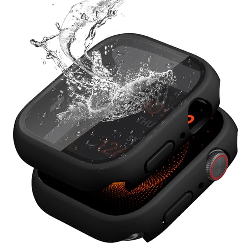 2 Pack Waterproof Privacy Hard PC Case with Tempered Glass Screen Protector for Apple Watch SE 2nd SE 3 Gen Series 6 5 4 44mm, Ultra-Thin Bumper Anti-shock Screen for iWatch Cover Accessories, Black