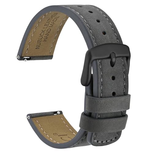 WOCCI 20mm Retro Leather Watch Band for Men and Women, Quick Release Replacement Strap with Black Buckle (Grey)