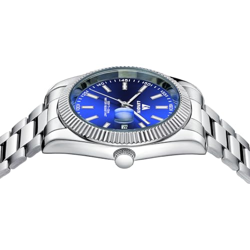 LN LENQIN Mens Watches Stainless Steel Analog Watch Quartz Watches for Men Waterproof Men's Wrist Watch Fashion Business Automatic Watch with Date (Silver Blue)