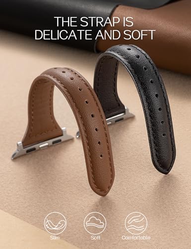 2 pack Slim Leather Bands Compatible with Apple Watch Band 38mm 40mm 41mm 42mm(Series 11/10) Women,Top Layer Genuine Leather Strap for iWatch Series 9/8/7/6 5/4/3/2/1/SE(Black/Brown)