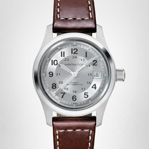 Hamilton Khaki Field Automatic Men's Watch, 38mm Stainless Steel Case, Swiss Made, Silver Dial Analog Wrist Watch for Men, 100m Waterproof, Sapphire Crystal, 3-Hand Movement, Cow Leather Strap