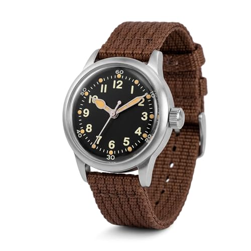 PRAESIDUS A-11 Military Watch | Automatic WW2 Field Watch for Men | 42mm Stainless Steel Case with Black Dial & Brown Nylon Strap and 100M Water Resistance, Assembled in USA