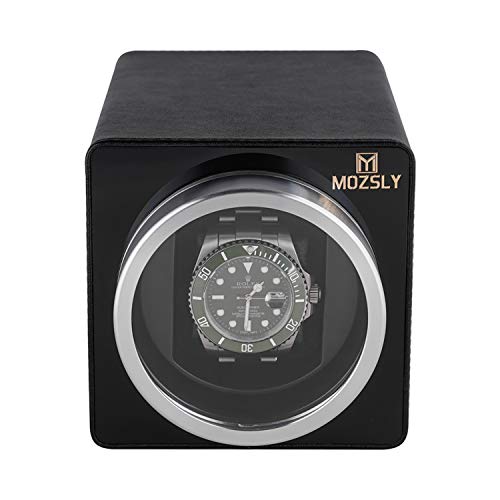 MOZSLY Watch Winder for Single Automatic Watches with Quiet Motor 12 Rotation Mode Setting Leather Black