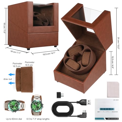 J&T Technology Watch Winder for Automatic Watches,Automatic Watch Winder with LED Light,Rotating Watch Case with Japanese Quiet Motor,4 Rotation Modes,USB Type C