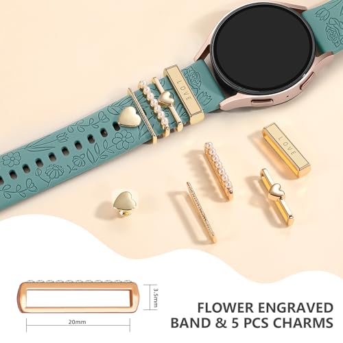 DaQin Flower Engraved Band Compatible with Samsung Galaxy Watch 7 Band/FE 6 5 4 40mm 44mm,Galaxy Active 2, 20mm Watch Band Soft Silicone Replacement Strap with Decorative Charms Accessories Women