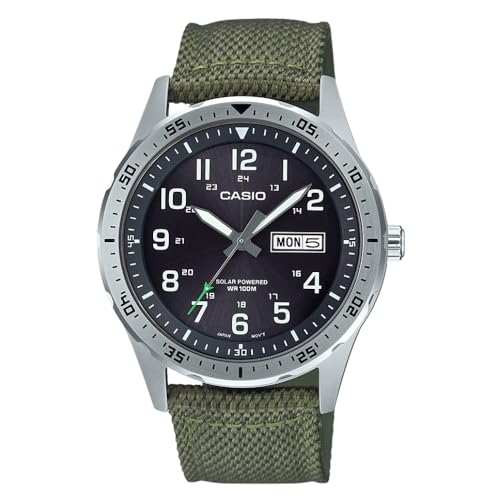 Casio MTP-S120L Series | Solar Analog Watch | Stainless Steel Case | NATO Nylon Strap | Day & Date Display | 100M Water Resistant | Luminous Hands | Military Style