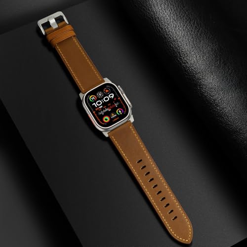 UUPWPOKT Leather Band Compatible with Apple Watch Ultra 3/2/1 Band 49mm 46mm 45mm 44mm 42mm Men, Genuine Leather Strap for iWatch Ultra Series 11 10 9 8 7 6 5 4 3 2 1 SE 3/2/1, Retro Brown/Titanium