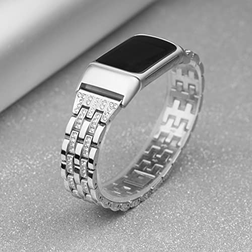 Mtozon Bling Bands Compatible with Fitbit Charge 6/Charge 5, Metal Bracelet Luxurious Rhinestone Replacement Wristband for Women, Silver