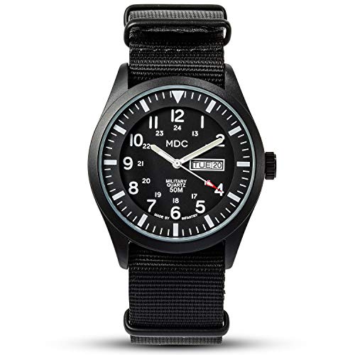 Infantry MDC Mens Military Watch, Stealth Black Tactical Field Watch for Men, 12/24H Military Time Analog Watch with Day Date, Waterproof Work Watch with Black Nylon