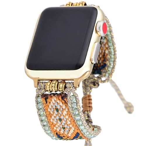 Braided Western Boho Nylon Band Compatible with Apple Watch Bands 38mm 40mm 41mm 42mm 44mm 45mm 49mm, Women Adjustable Bracelet Beaded Bohemian Strap for iWatch Series 9 8 SE Ultra 7 6 5 4 3 2 1 (38mm/40mm/41mm, Boho Green Orange)