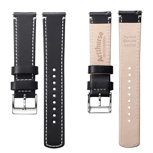 Artthurse Top Grain Leather Watch Band, Quick Release Genuine Leather, 18mm 20mm 22mm Watch Strap for Men and Women (Black White/Silver, 20mm)