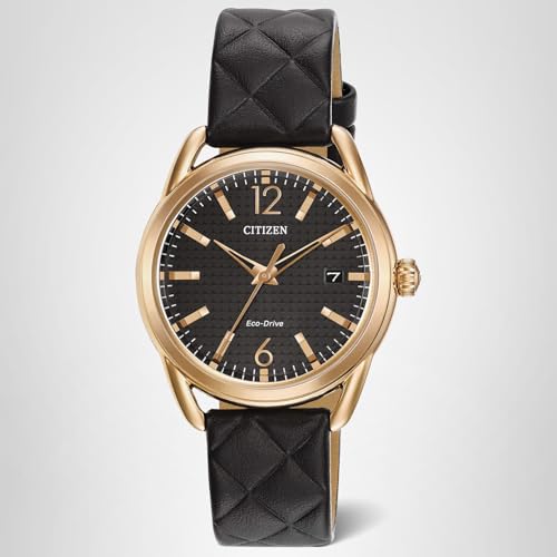 Citizen Women's Eco-Drive Dress Classic Rose Gold Stainless Steel with Black Quilted Leather Strap, 36mm (Model: FE6083-13E)