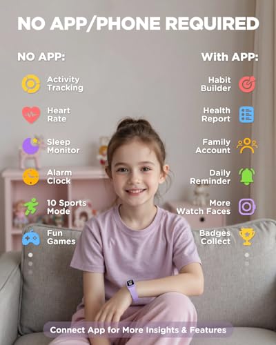 BIGGERFIVE Vigor 3 Kids Fitness Tracker Watch, AMOLED Screen, No App No Phone Needed, 3ATM Waterproof, Heart Rate and Sleep Monitor, Pedometer Watch, Sports Step Counter for Girls Ages 5-15, Lilac