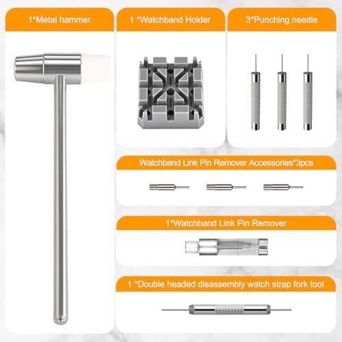 Xaumsa Watch Link Removal Kit, All Metal Watch Strap Link Removal, Sizing Kit with Pin Punches, Extra Pins, Hammer for Watch Band Strap Adjustment
