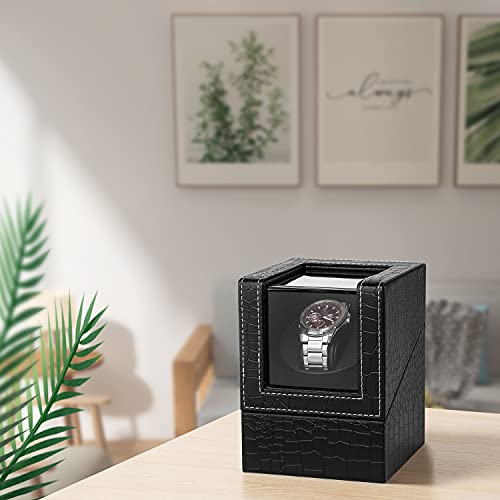 Efaithtek Automatic Single Watch Winder in Black Crocodile Pattern Leather with Japanese Quiet Motor，AC Adapter or Battery Powered