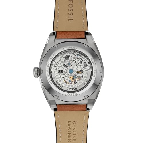 Fossil Men's Everett Automatic Stainless Steel, Three-Hand Watch for Men, Brown Leather/Silver/Green