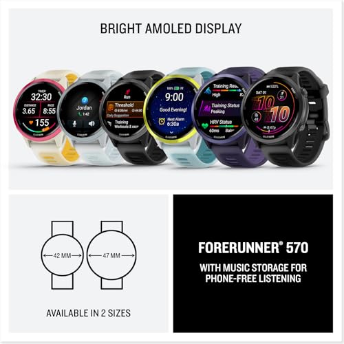 Garmin® Forerunner® 570, 42mm, Advanced GPS Running and Triathlon Smartwatch, AMOLED Display, Training and Recovery Features, Raspberry Aluminum with Translucent Bone/Mango Band