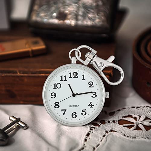 Junkin 2 Pieces Quartz Pocket Watch with Key Buckle Round Keychain Clip on Watch Portable Unisex(Silver)