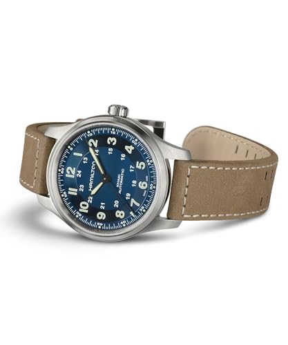 Hamilton Khaki Field Titanium Automatic Men's Watch, 42mm Titanium Case, Swiss Made, Blue Dial Analog Wrist Watch for Men, 100m Waterproof, Sapphire Crystal, 3-Hand Movement, Cow Leather Strap