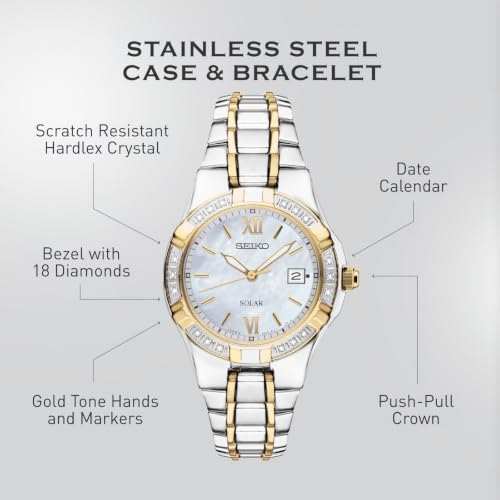 SEIKO SUT068 Watch for Women - Diamond Collection - with 18 Diamond Accents, Solar Power, Mother-of-Pearl Dial, Two-Tone Gold Stainless Steel Case & Bracelet, and Water-Resistant to 50m
