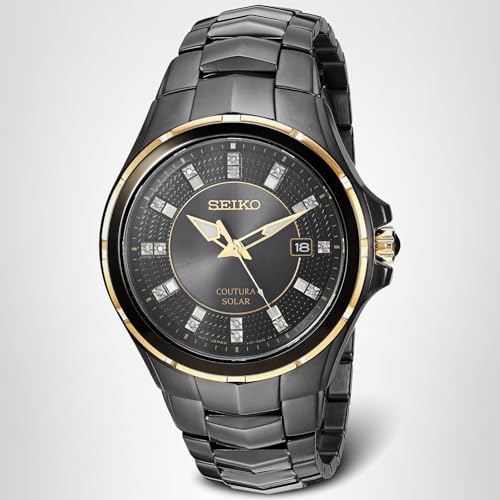 SEIKO SNE506 Watch for Men - Coutura Collection - Solar Powered, with Diamond Markers, Black Ion Finish with Gold Accents, Stainless Steel Case & Bracelet, and Sunray Black Dial