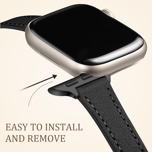 Charlam Slim Leather Band Compatible with Apple Watch Band 40mm 38mm 41mm 42mm 44mm 45mm 46mm Women,Top Grain Genuine Leather Strap Thin Wristband for iWatch Series 11 10 9 8 7 6 5 4 3 2 1 SE 3,Black