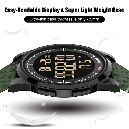 GOLDEN HOUR Ultra-Thin Minimalist Sports Waterproof Digital Watches Men with Wide-Angle Display Rubber Strap Alloy Steel Case Wrist Watch for Men Women in Army Green
