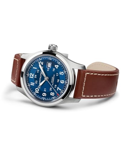 Hamilton Khaki Field Automatic Mens Watch, 42mm Stainless Steel Case, Swiss Made, Blue Dial Analog Wrist Watch for Mens 100 Meters Water resitance, Sapphire Crystal, 3-Hand Movement, Leather Strap