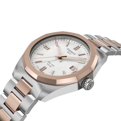 Tissot PRC 100 Solar, White Dial, 34mm Watch for Women, Two-Tone Rose Gold and Silver Stainless Steel Bracelet, Solar Quartz Movement, T1518222211100