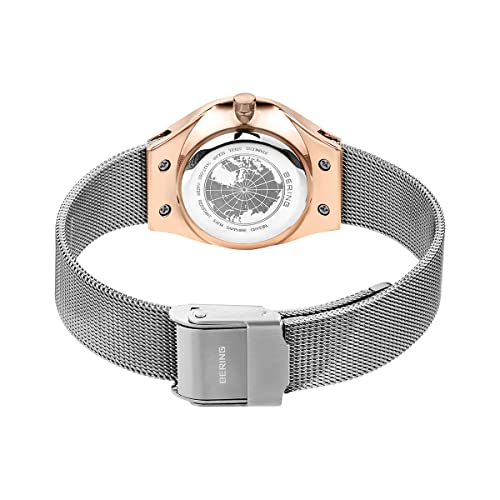 BERING Women's Solar Watch | 27mm Case | Wristwatch with Rose Gold Case | White Dial | Silver Milanese Strap | 5 ATM | 14427-060