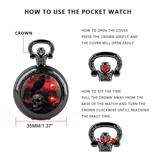 YIHAOYH Vintage Pocket Watch for Women Men Graphic Design Quartz Pocket Watches with Chain Pendant Christmas Birthday Gift with Box (Skull Crow 02)