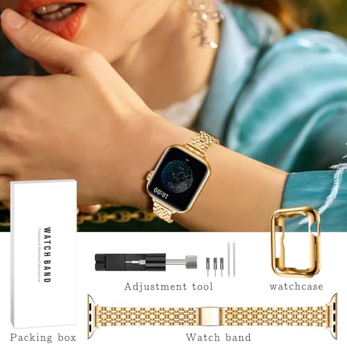QUNDAXI Slim Watch Band Compatible with Apple Watch 41mm 45mm 42mm 44mm 40mm 38mm Metal Stainless Steel Watchband Suitable for iWatch 9/8/7/6/5/4/3/2/1/SE Series Women Luxury Strap (38mm 40mm 41mm)