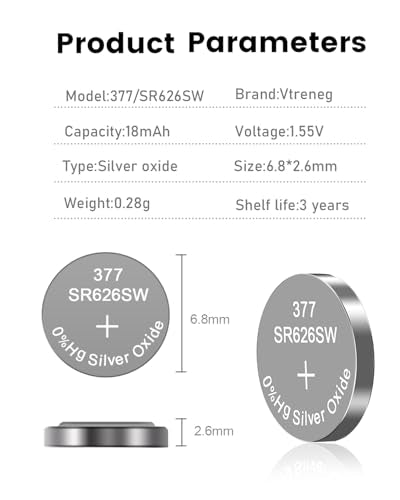 10 Count SR626SW Watch Battery, 377 376 AG4 1.55V Silver Oxide Batteries