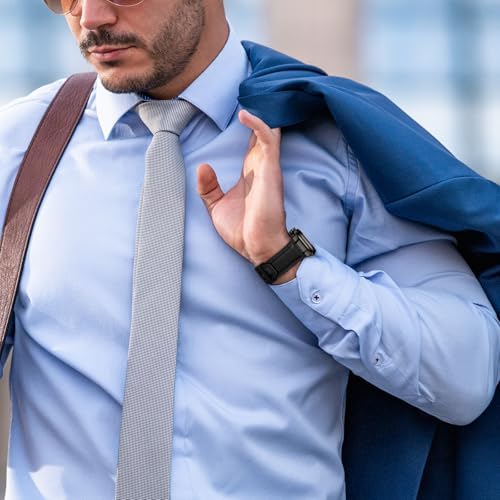 LOIRNBR Leather Bands Compatible with Apple Watch Ultra 3/2/1 Band 49mm 46mm 45mm 44mm 42mm Men, Genuine Leather Metal Connector Strap for iWatch Ultra Series 11/10/9/8/7/SE/6/5/4/3/2/1, Black/Black