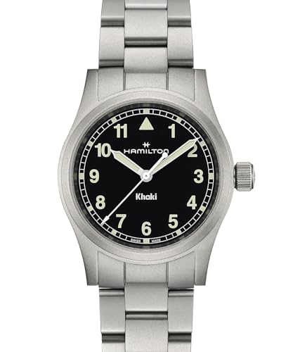 Hamilton Khaki Field Khaki Quartz Men's Watch, 33mm Stainless Steel Case, Swiss Made, Black Dial Analog Wrist Watch for Men, 50m Waterproof, Sapphire Crystal, Stainless Steel Strap