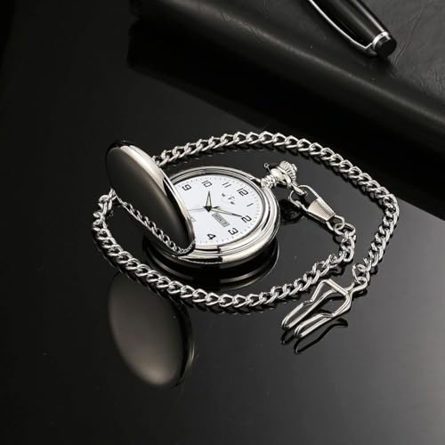 BOSHIYA Smooth Quartz Pocket Watch for Men Classic Arabic Digital Luminous Dial with Day Date and Chain Christmas Graduation Birthday Gift Silver