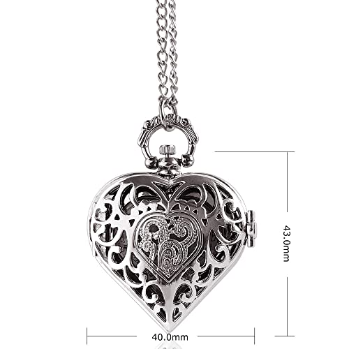 VIGOROSO Women's Pocket Watch, Analog Display, Quartz Movement, Silver Stainless Steel, Heart Pendant Necklace, Unisex Accessory, Valentines Day Gifts