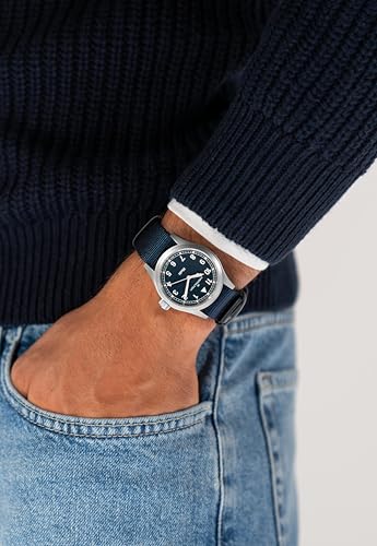 Hamilton Khaki Field Khaki Quartz Men's Watch, 38mm Stainless Steel Case, Swiss Made, Blue Dial Analog Wrist Watch for Men, 50m Waterproof, Sapphire Crystal, Textile Strap